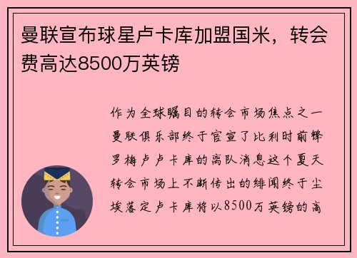 曼联宣布球星卢卡库加盟国米，转会费高达8500万英镑