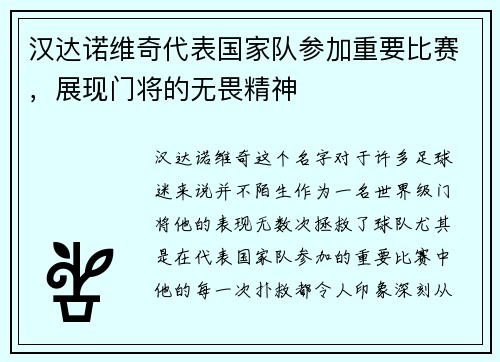 汉达诺维奇代表国家队参加重要比赛，展现门将的无畏精神