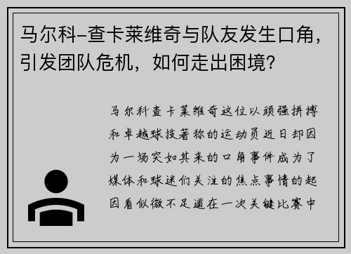 马尔科-查卡莱维奇与队友发生口角，引发团队危机，如何走出困境？