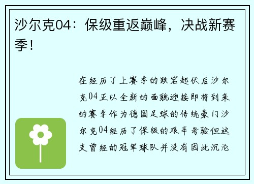 沙尔克04：保级重返巅峰，决战新赛季！